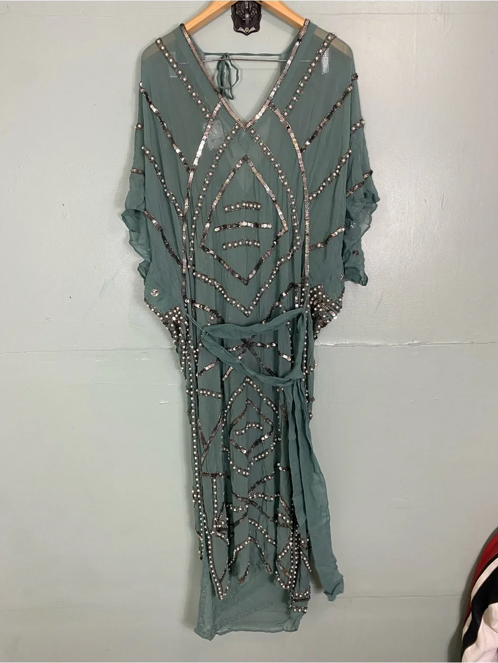 Free People Jens Pirate Booty Space Odyssey Kaftan Green Embellished Beaded XS/S